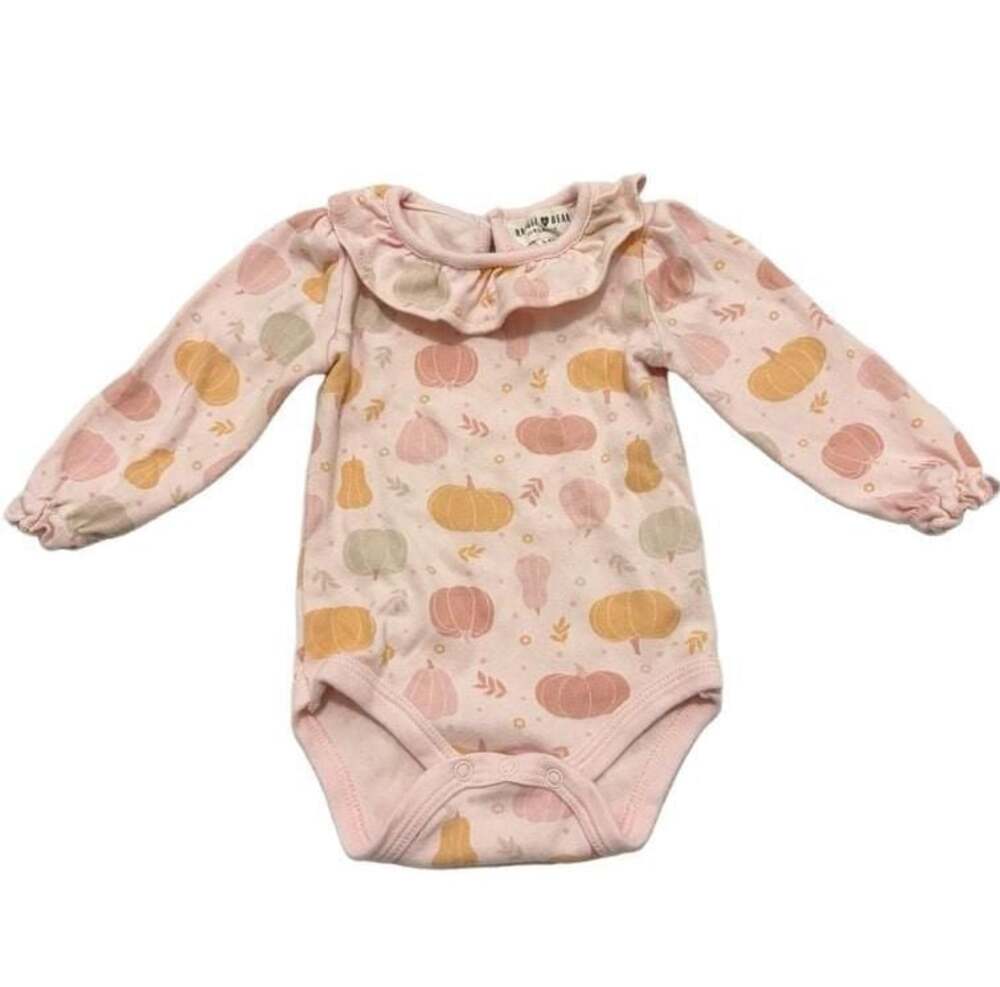 Rabbit Bear Organic Pumpkin Print Long Sleeve Ruffle Collar Bodysuit Onesie